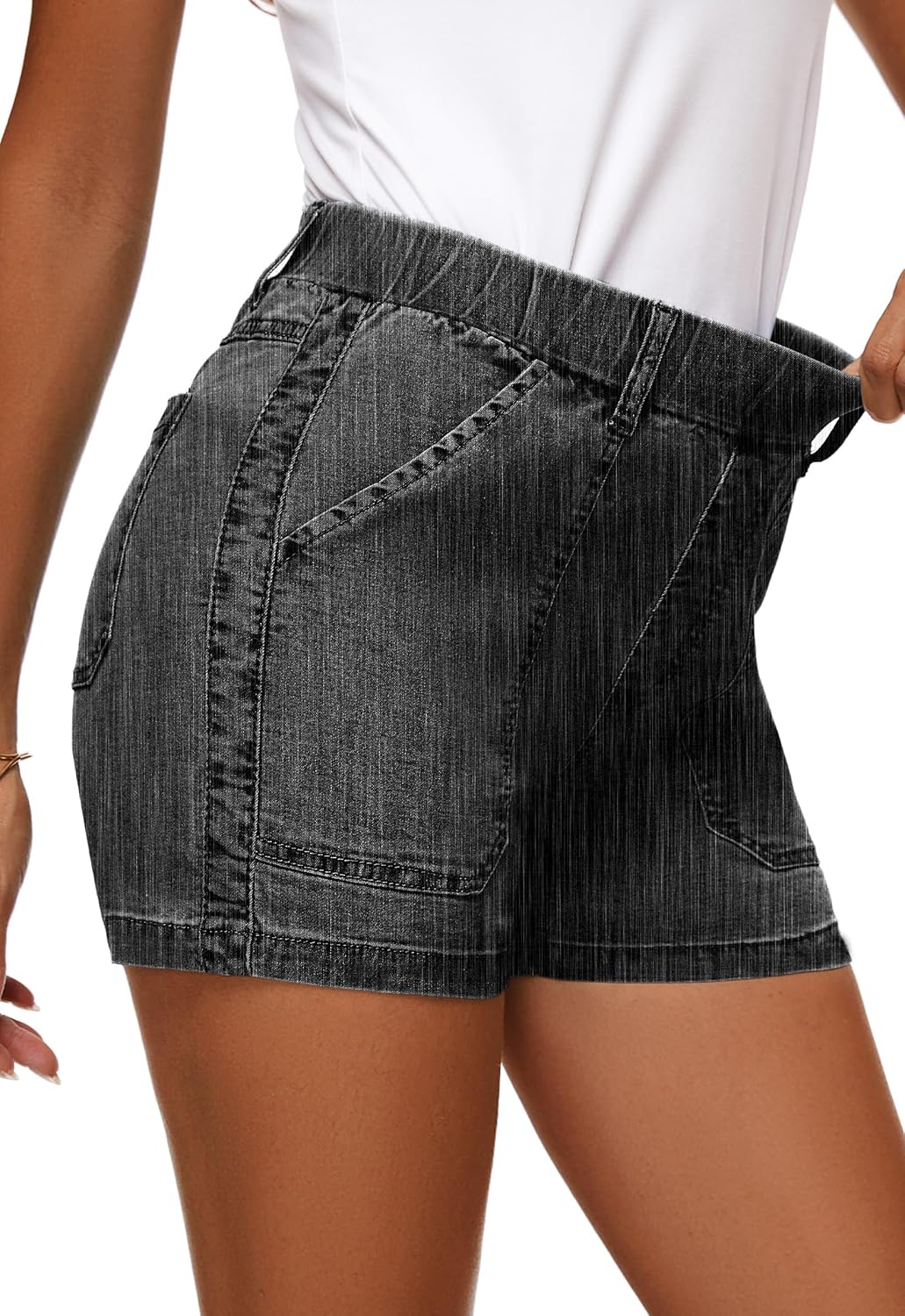 Womens Jean Shorts High Waisted Summer Cotton Elastic Waist Denim Shorts with Pockets