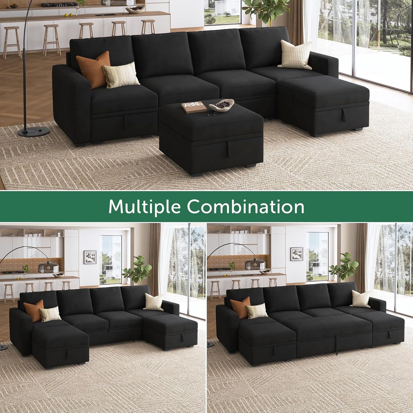 Modular L-Shaped Sleeper Sofa with Pull-Out Bed and Storage