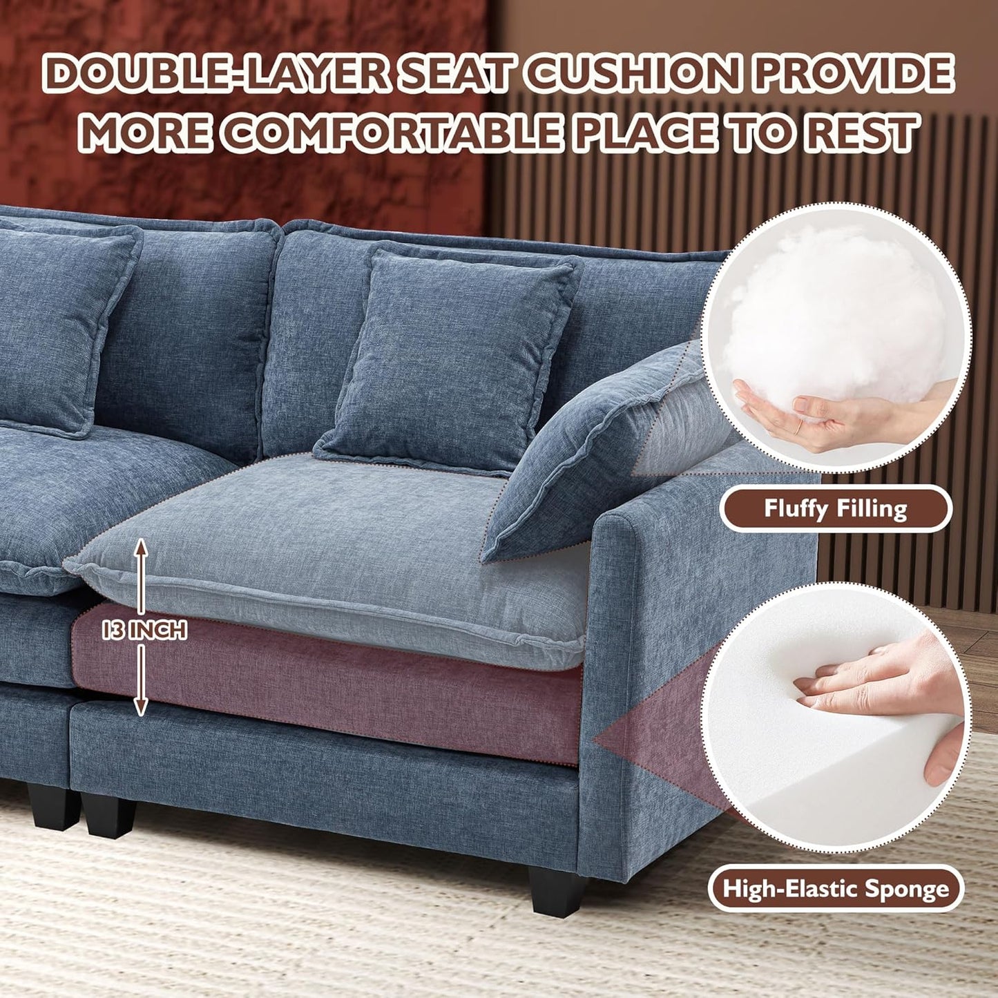 146" U-Shaped Modern Sofa Modular Sectional Cloud Couch