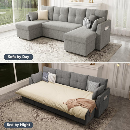 2-in-1 Oversized Sectional Sofa Bed 110" Pull-Out Couch with Storage Chaise Dark Grey