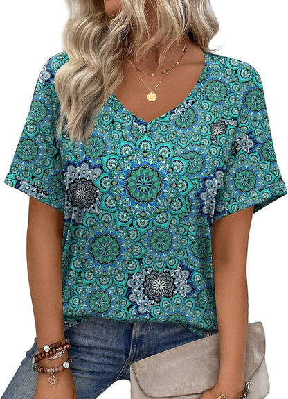 Short Sleeve Casual Shirts Floral Tee Basics V Neck Plain T-shirt
