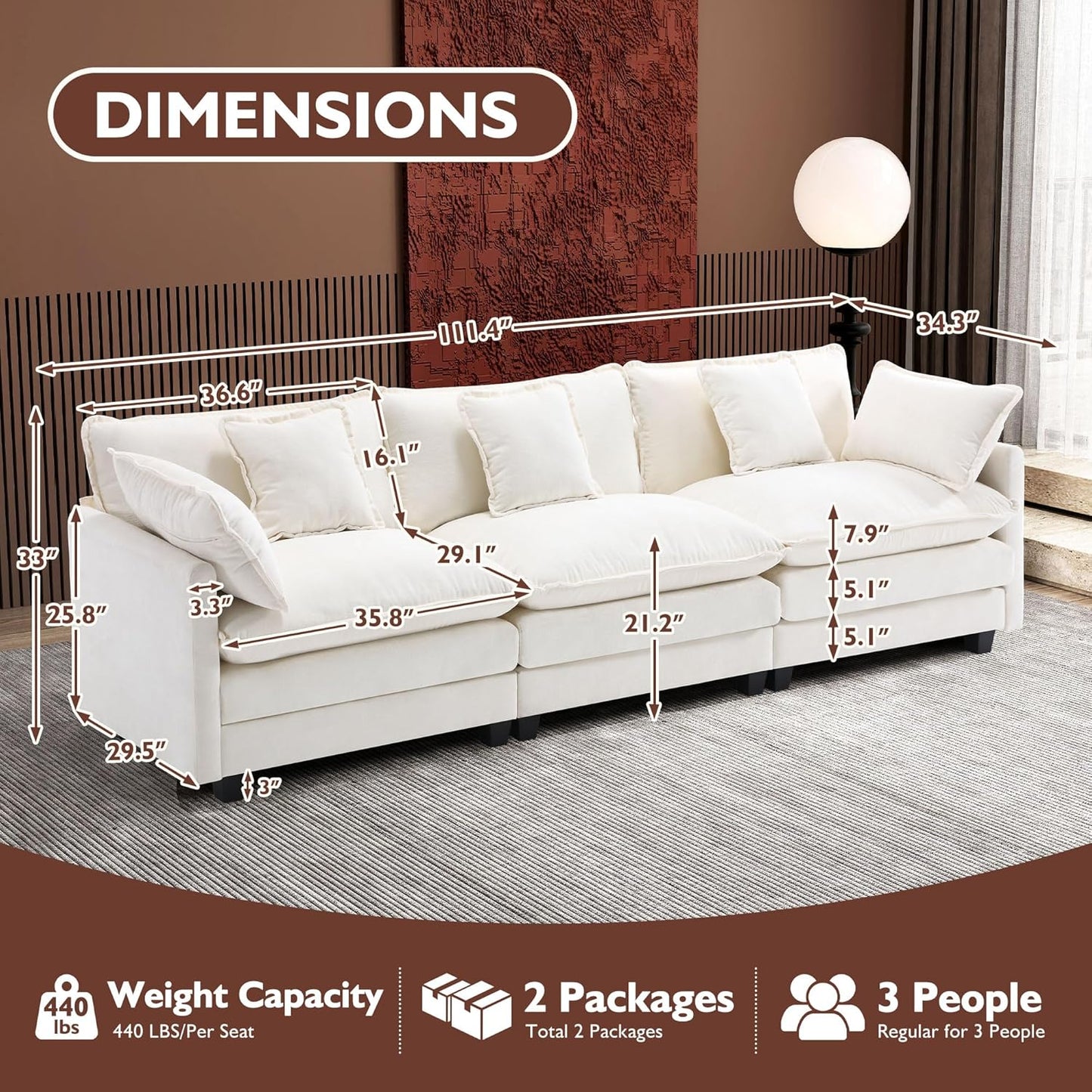 146" U-Shaped Modern Sofa Modular Sectional Cloud Couch