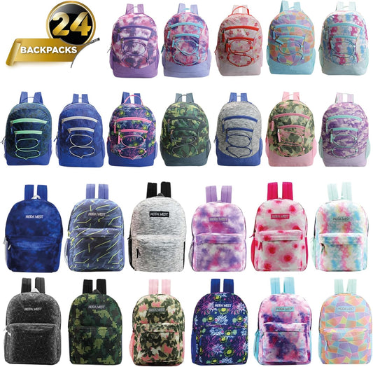 24 Pack 17 Inch Kids Backpacks in 20 Assorted Colors and Prints