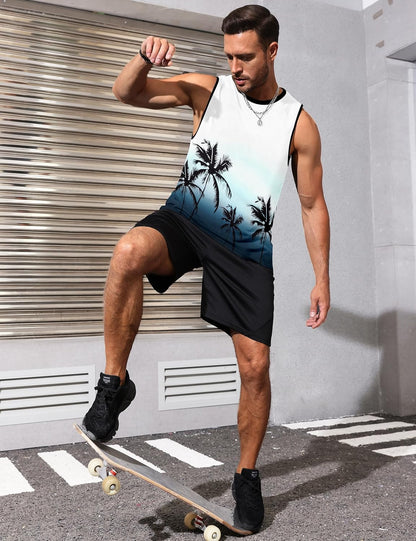 Mens Tank Tops Beach Summer Sleeveless Shirts Graphic Palm Tree Vacation