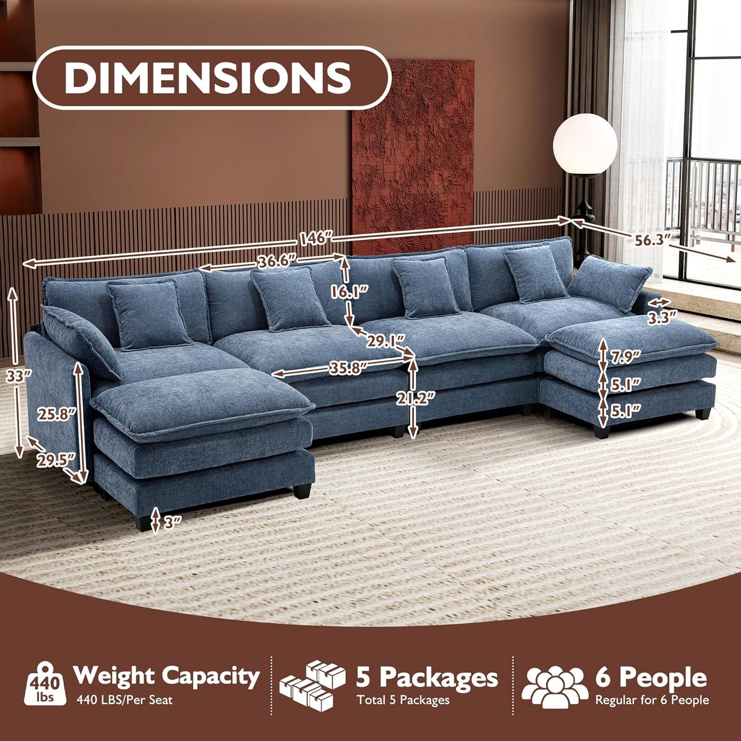 146" U-Shaped Modern Sofa Modular Sectional Cloud Couch