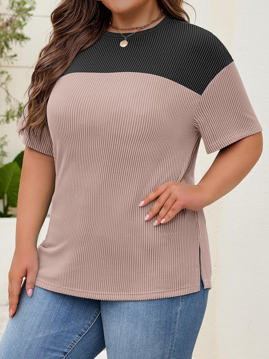 Womens Plus Size Short Sleeve Color Block Pullover Tunic Tops