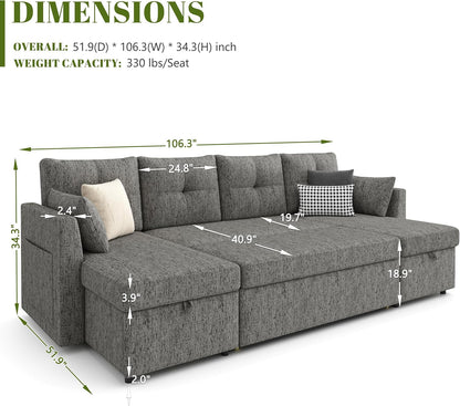 2-in-1 Oversized Sectional Sofa Bed 110" Pull-Out Couch with Storage Chaise Dark Grey