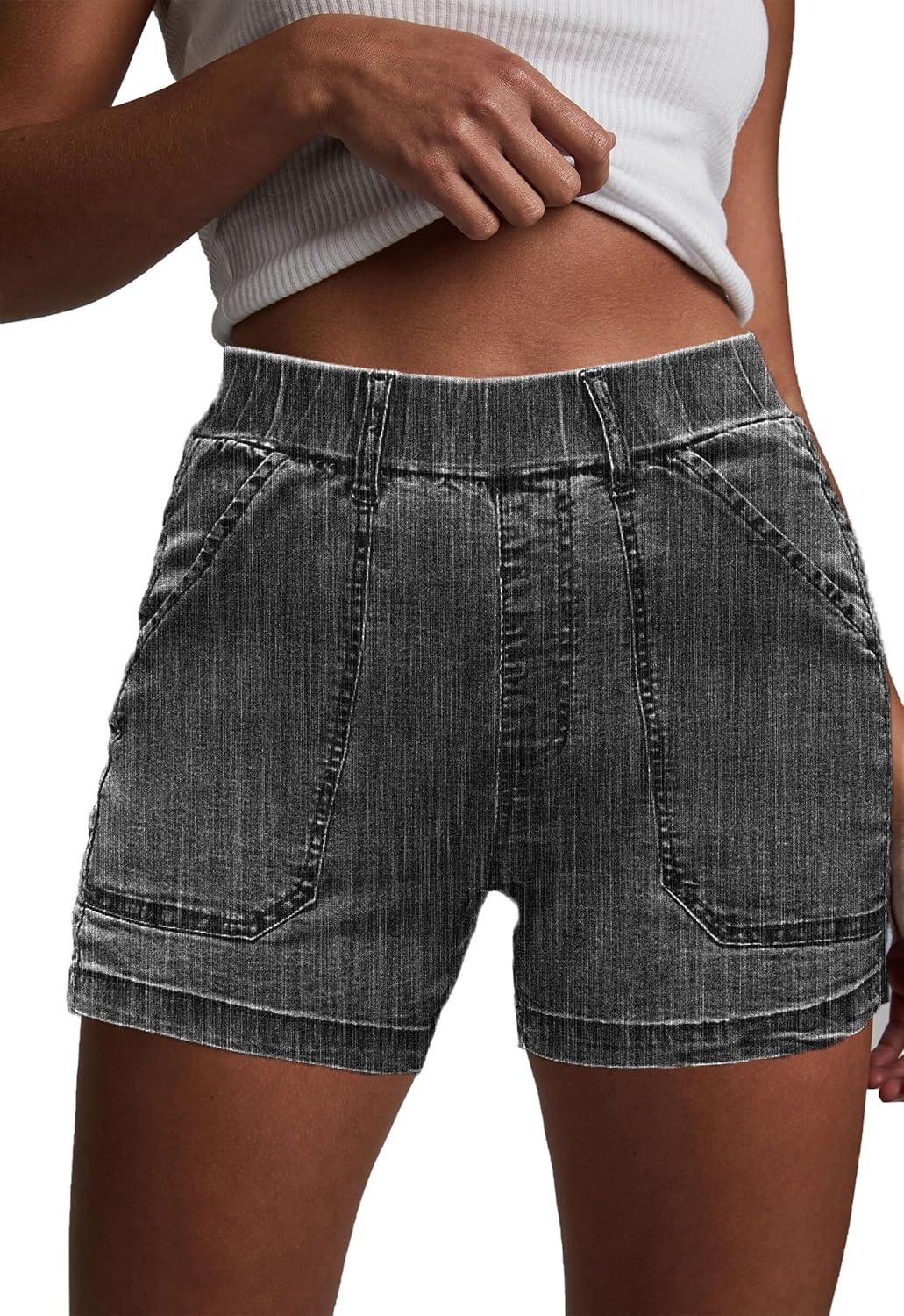 Womens Jean Shorts High Waisted Summer Cotton Elastic Waist Denim Shorts with Pockets