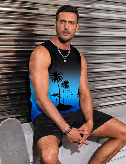 Mens Tank Tops Beach Summer Sleeveless Shirts Graphic Palm Tree Vacation