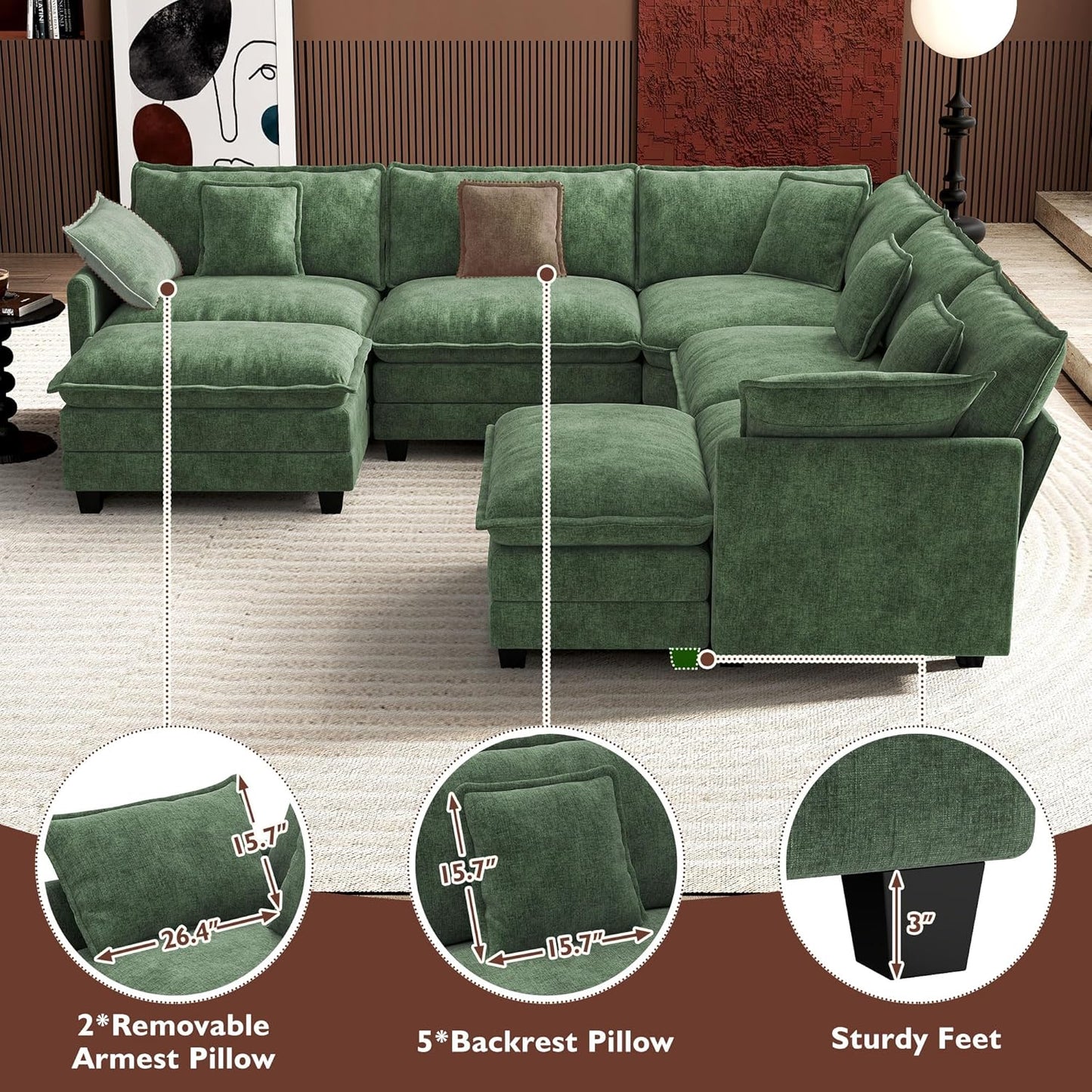 146" U-Shaped Modern Sofa Modular Sectional Cloud Couch