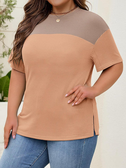Womens Plus Size Short Sleeve Color Block Pullover Tunic Tops