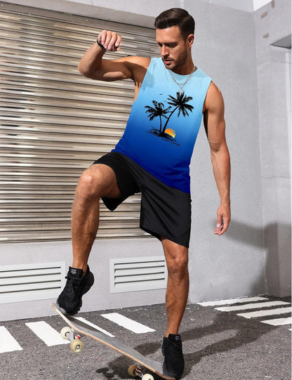 Mens Tank Tops Beach Summer Sleeveless Shirts Graphic Palm Tree Vacation