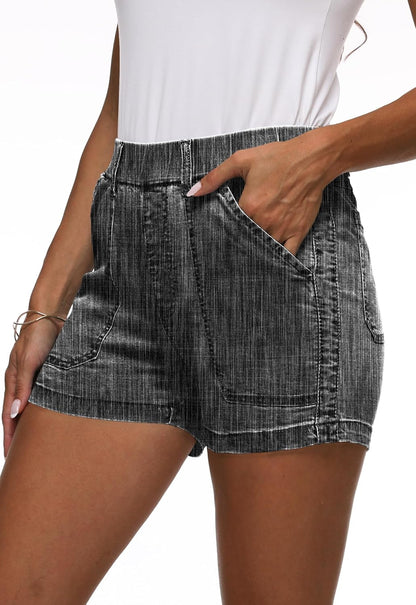 Womens Jean Shorts High Waisted Summer Cotton Elastic Waist Denim Shorts with Pockets