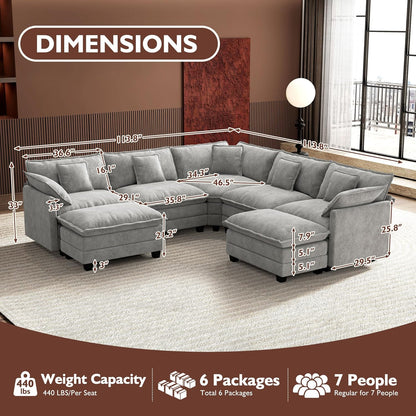 146" U-Shaped Modern Sofa Modular Sectional Cloud Couch