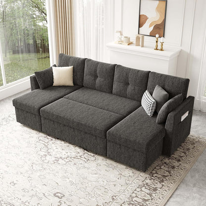 2-in-1 Oversized Sectional Sofa Bed 110" Pull-Out Couch with Storage Chaise Dark Grey