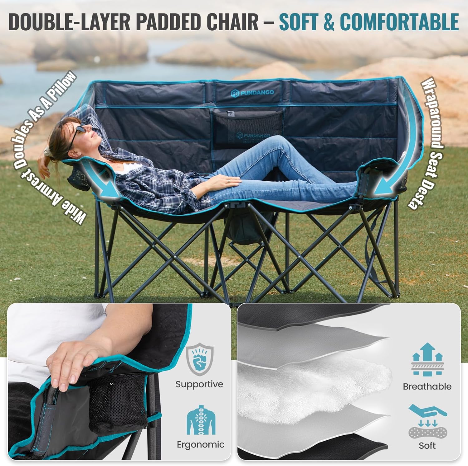 Double Camping Chair with Cooler 2 Person Folding Oversized Loveseat