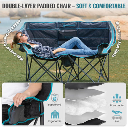 Double Camping Chair with Cooler 2 Person Folding Oversized Loveseat