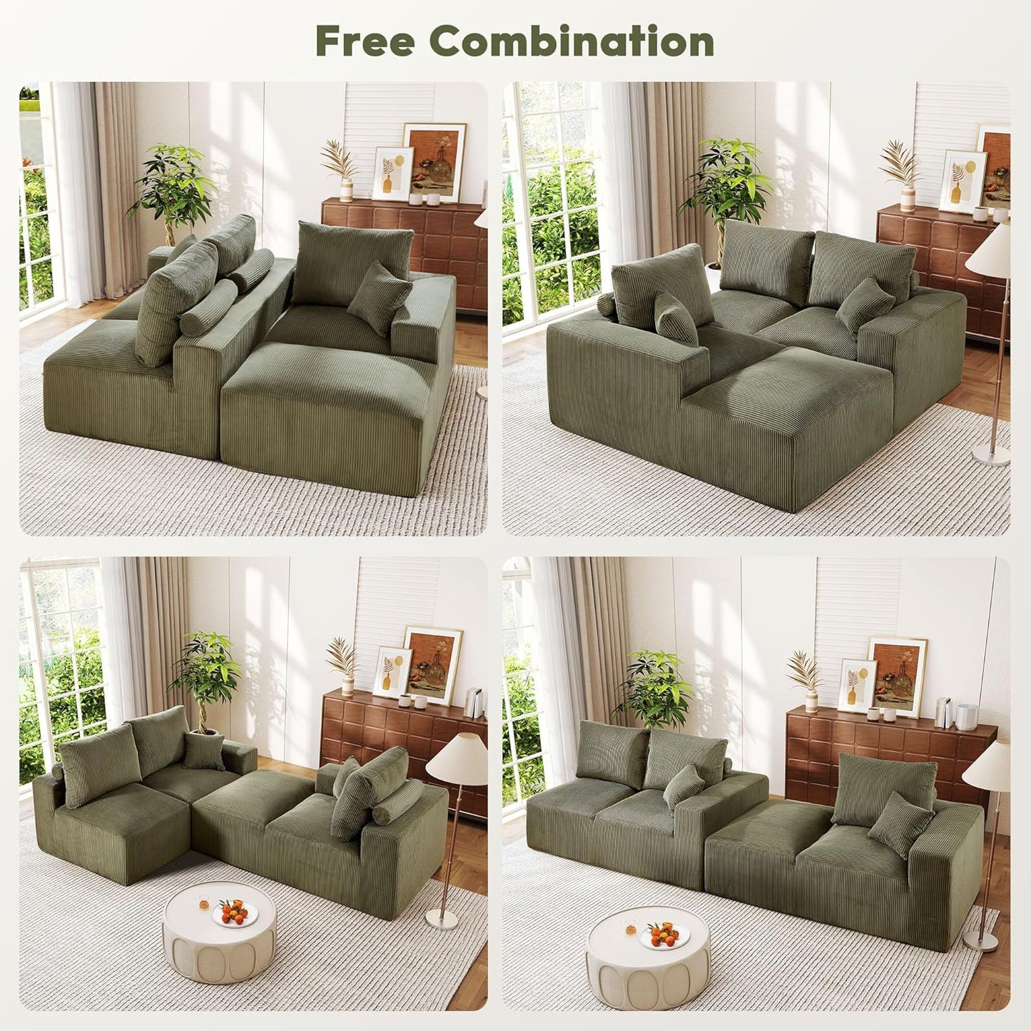 108 Inch Corduroy Cloud Sectional Sofa with Chaise Green