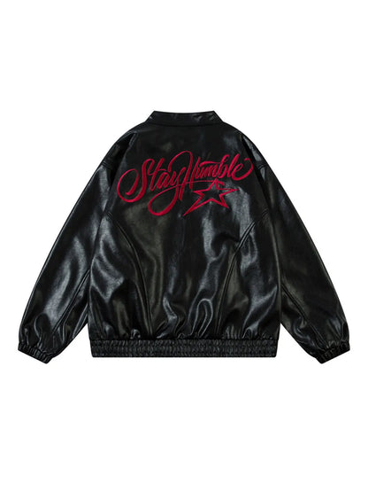 Vintage Letter Printed Zipper Faux Leather Jacket for Men