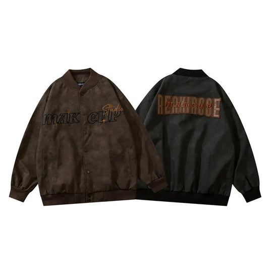 Embroidered Retro Distressed PU Bomber Jacket for Men