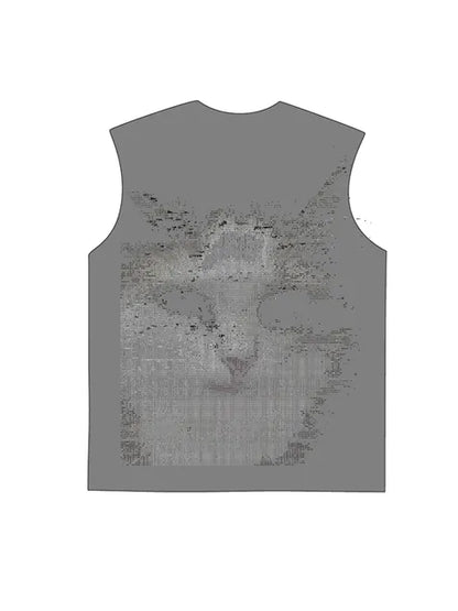 230g Electric Wave Kitty Printed Wash Old Sleeveless T-shirt