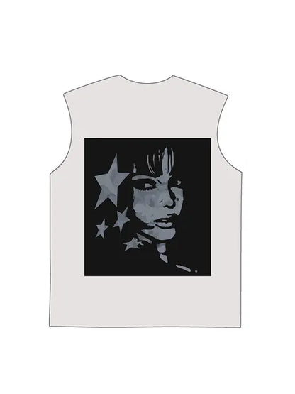 230g Cotton Back Animation Girl Stars Wash Old Sleeveless T-shirt