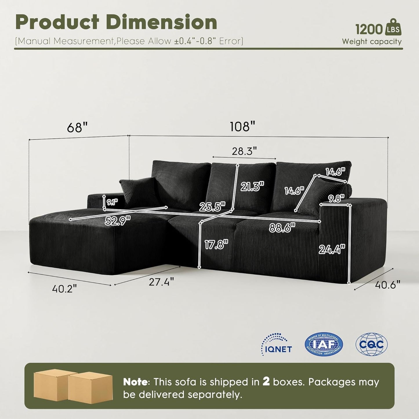 108 Inch Corduroy Cloud Sectional Sofa with Chaise Green