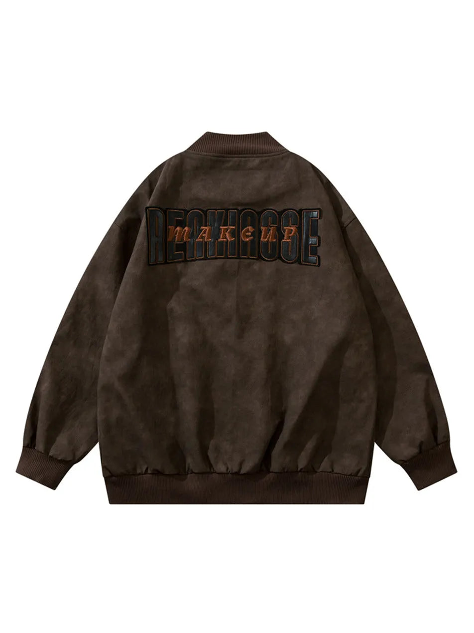 Embroidered Retro Distressed PU Bomber Jacket for Men