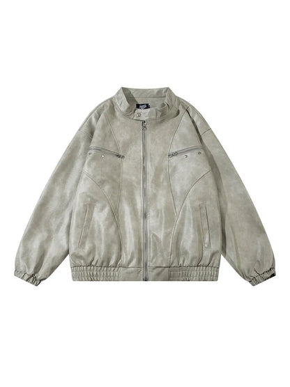 Vintage Letter Printed Zipper Faux Leather Jacket for Men