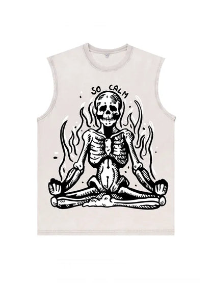 230g Skull Meditation Calm Down Printed Wash Old Sleeveless T-shirt
