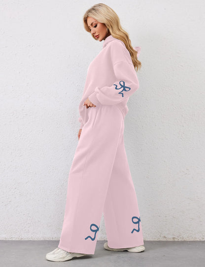 Women's 2 Piece Outfits Bow Trim Print Hoodie Sweatsuit Sets
