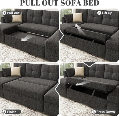2-in-1 Oversized Sectional Sofa Bed 110" Pull-Out Couch with Storage Chaise Dark Grey