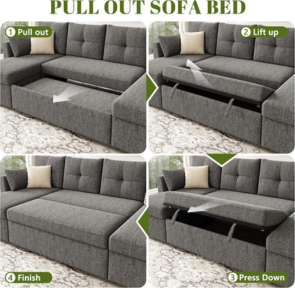 2-in-1 Oversized Sectional Sofa Bed 110" Pull-Out Couch with Storage Chaise Dark Grey