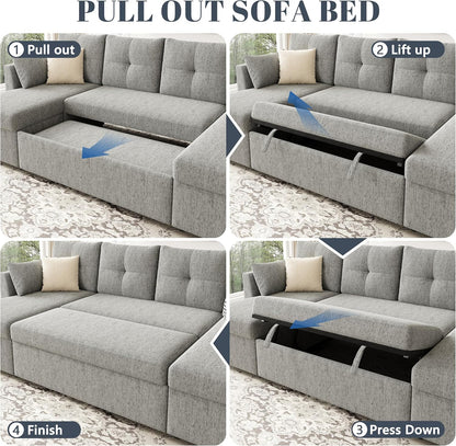 2-in-1 Oversized Sectional Sofa Bed 110" Pull-Out Couch with Storage Chaise Dark Grey