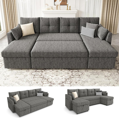 2-in-1 Oversized Sectional Sofa Bed 110" Pull-Out Couch with Storage Chaise Dark Grey