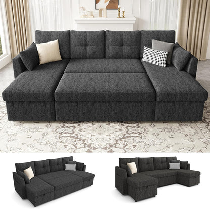 2-in-1 Oversized Sectional Sofa Bed 110" Pull-Out Couch with Storage Chaise Dark Grey