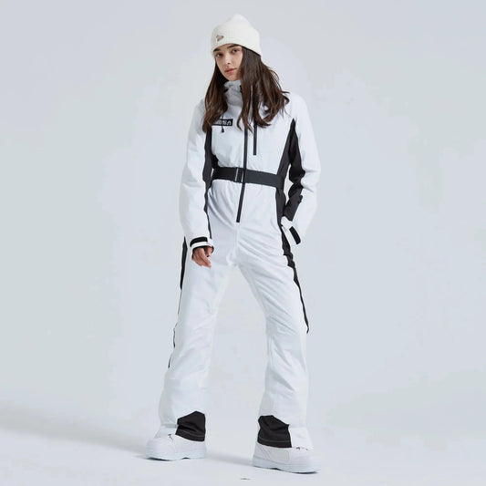 Women’s High Neck Hooded One Piece Ski Suit for Winter Sports