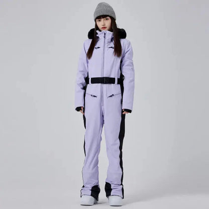 Women’s High Neck Hooded One Piece Ski Suit for Winter Sports