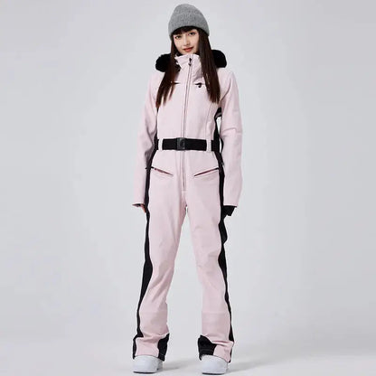 Women’s High Neck Hooded One Piece Ski Suit for Winter Sports