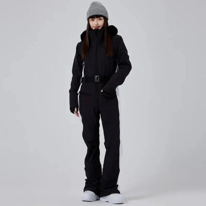 Women’s High Neck Hooded One Piece Ski Suit for Winter Sports