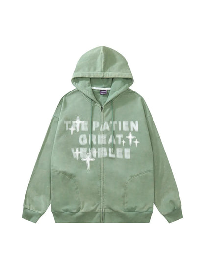Vintage Star Print Front Zipper Hooded Sweatshirt Sports Men Casual Streetwear