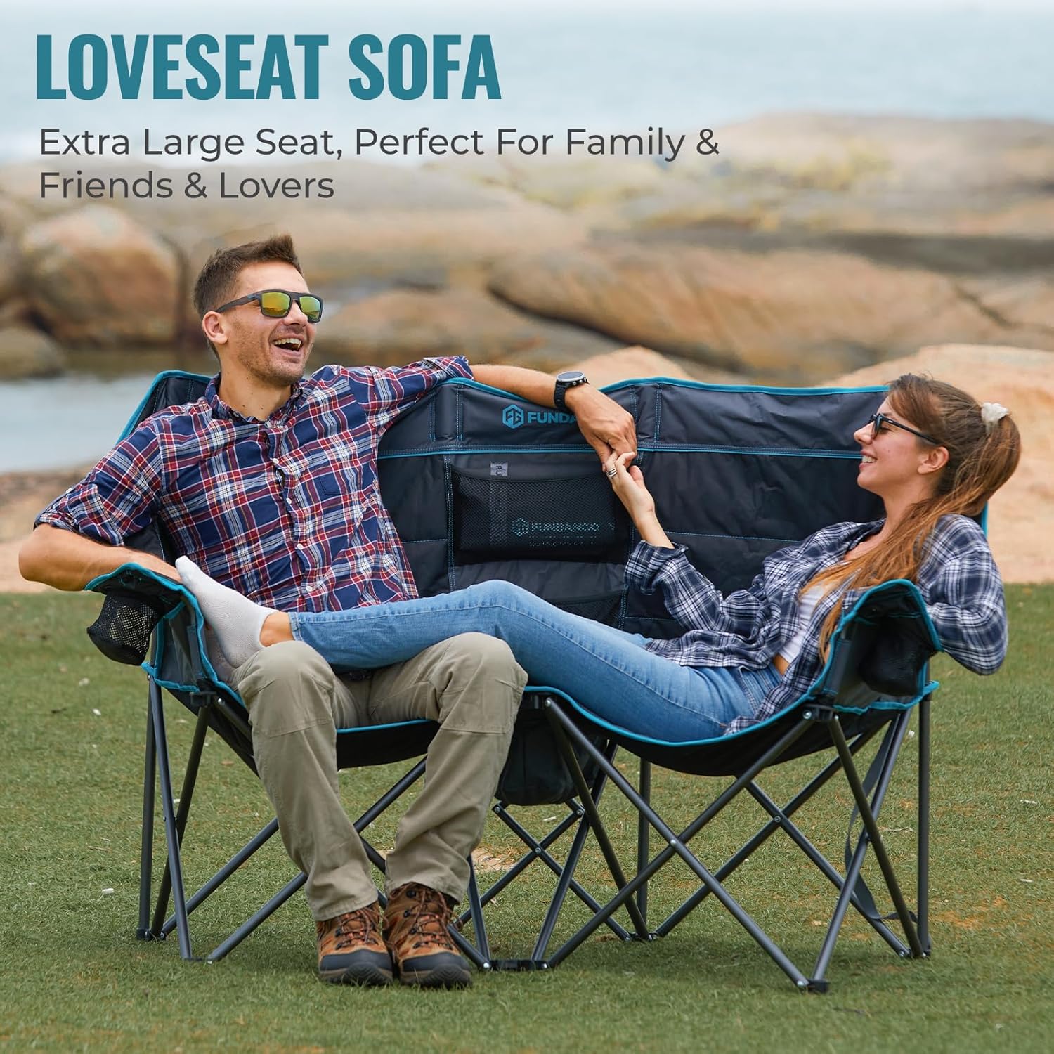 Double Camping Chair with Cooler 2 Person Folding Oversized Loveseat
