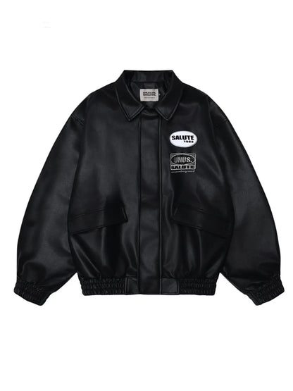 Men's Letter Embroidery Polo PU Leather Jacket