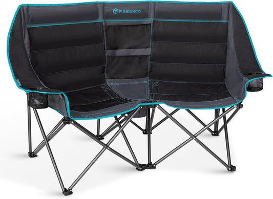 Double Camping Chair with Cooler 2 Person Folding Oversized Loveseat