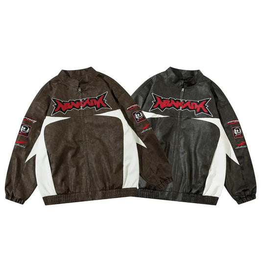 Letter & Racing Car Printed Faux Leather Jacket for Men