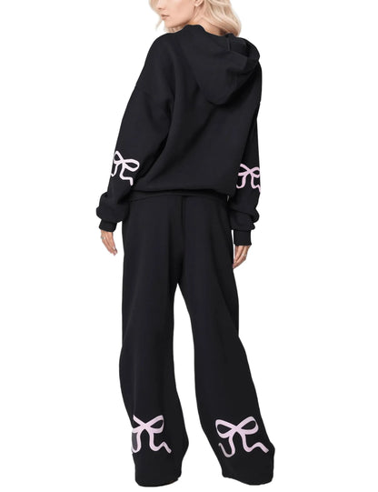 Women's 2 Piece Outfits Bow Trim Print Hoodie Sweatsuit Sets
