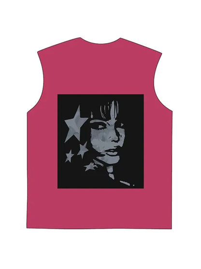 230g Cotton Back Animation Girl Stars Wash Old Sleeveless T-shirt