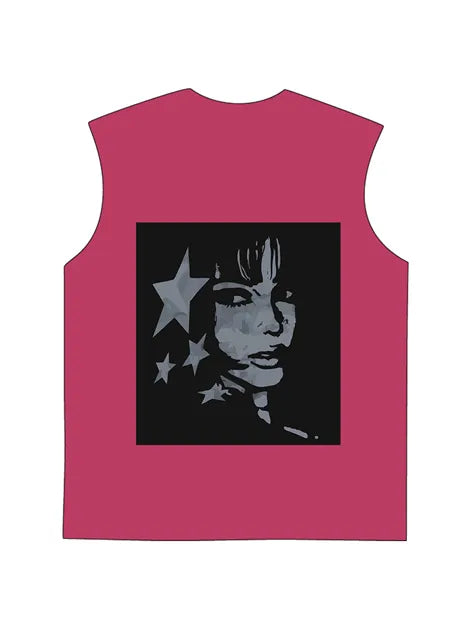230g Cotton Back Animation Girl Stars Wash Old Sleeveless T-shirt