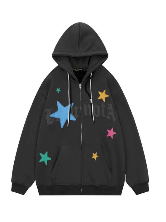 Colorful Star Drawstring Zip-up Hoodie