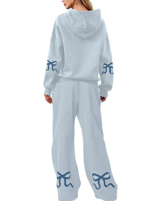 Women's 2 Piece Outfits Bow Trim Print Hoodie Sweatsuit Sets